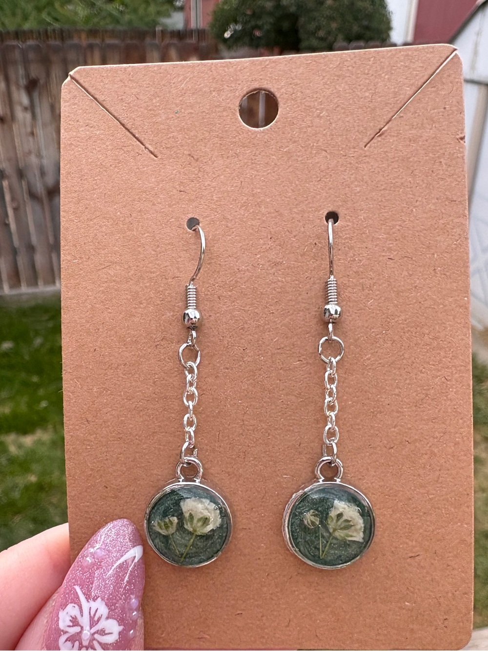 Silver Drop Earrings with White Pressed Flower Inlay